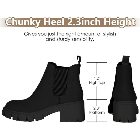 Women's Chelsea Boots Fashion Lug Sole Chunky Heel Slip on Ankle Booties Black S - Picture 3 of 6